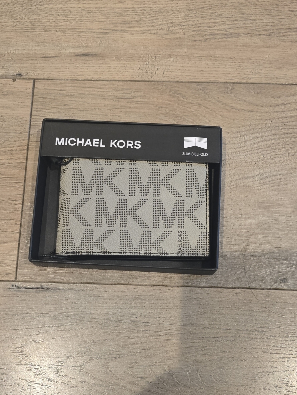 Michael Kors Beige and Black MK Logo Slim Wallet